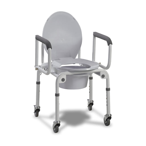 Steel Drop-Arm Commode with Wheels and Padded Armrests